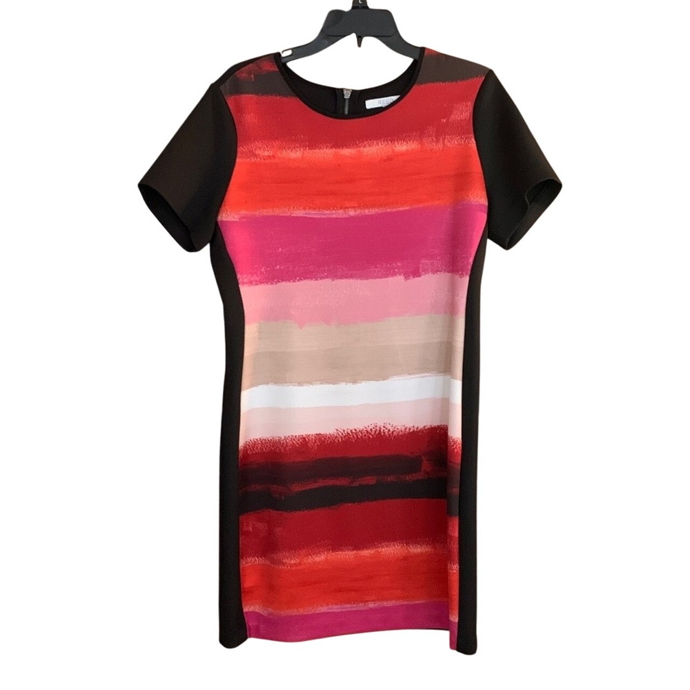 REED Dress Womens L Red Pink‎ Abstract Print Black Trim Career Casual